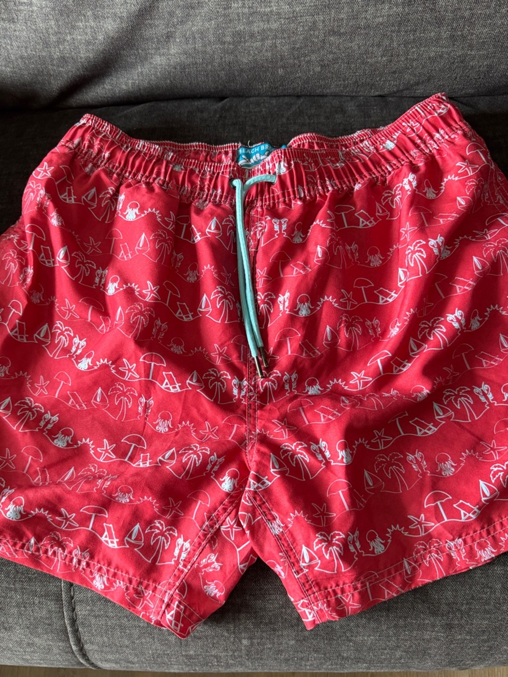Men's Red Printed Swim Trunks with Aqua Drawstring